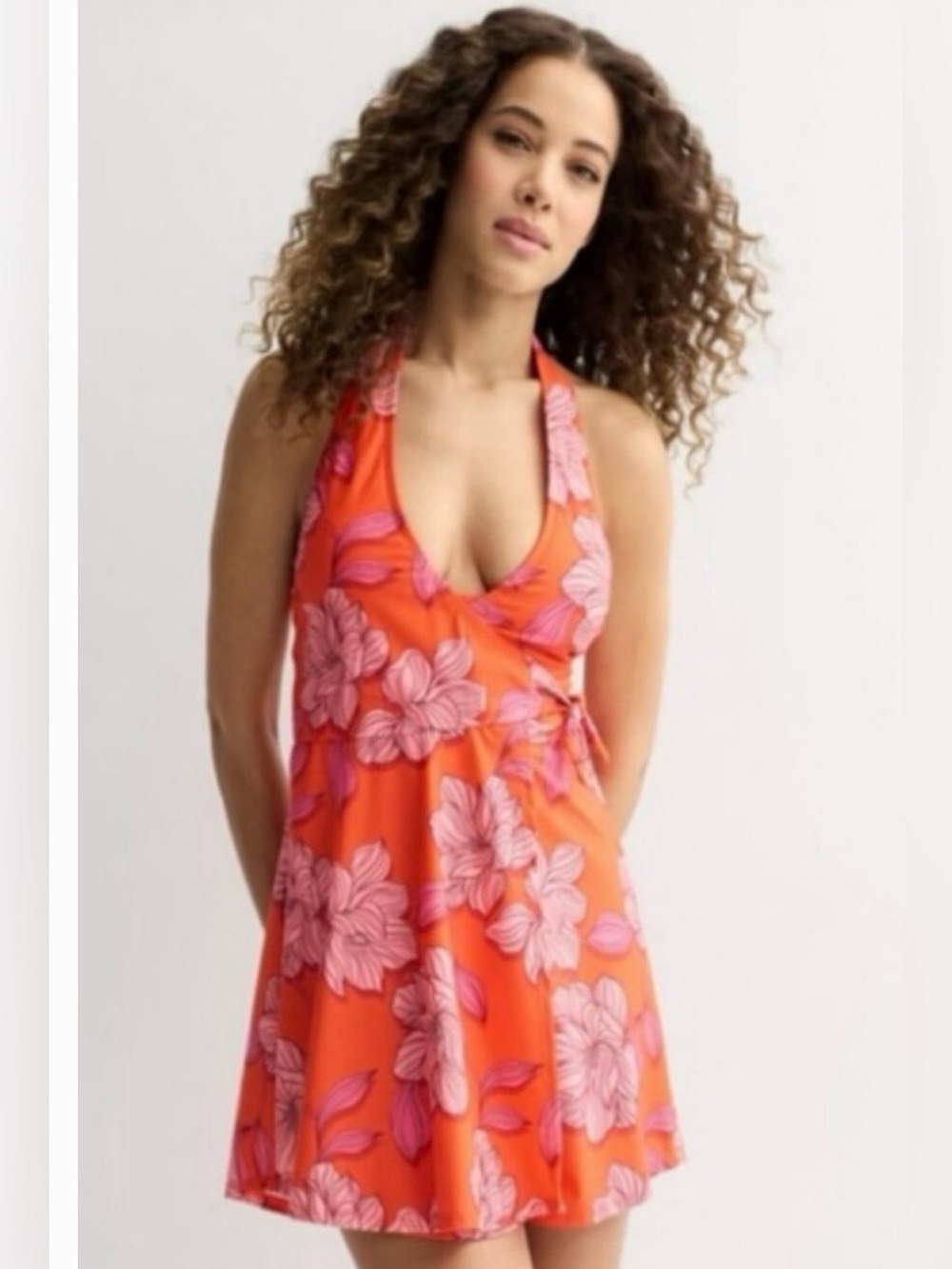 Draper James tropical hibiscus Orange Floral Halter One-Piece Swimdress size S